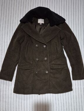 Olive Peacoat with Removeable Black Faux Fur Collar